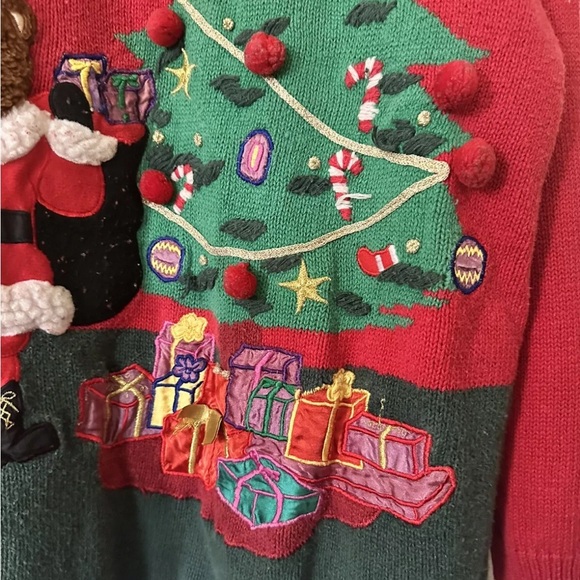 Vintage 80s 90s 3D Teddy Bear Santa Sweater Jumper Ugly Christmas Tree L - Picture 5 of 6